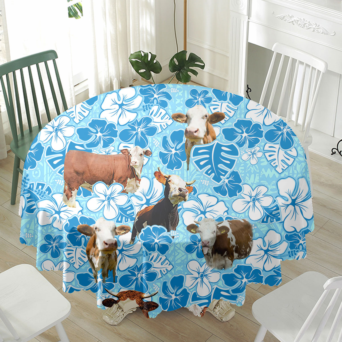 Simmental Blue Floral Waterproof Tablecloth