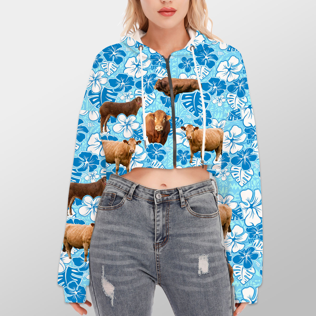 Limousin Blue Floral Hoodie With Zipper Closure