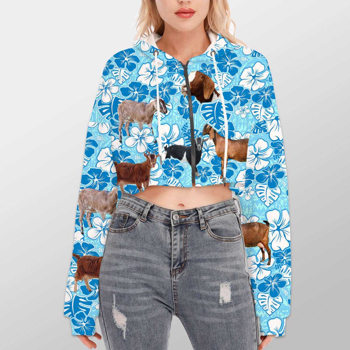 Nubian Goat Blue Floral Hoodie With Zipper Closure