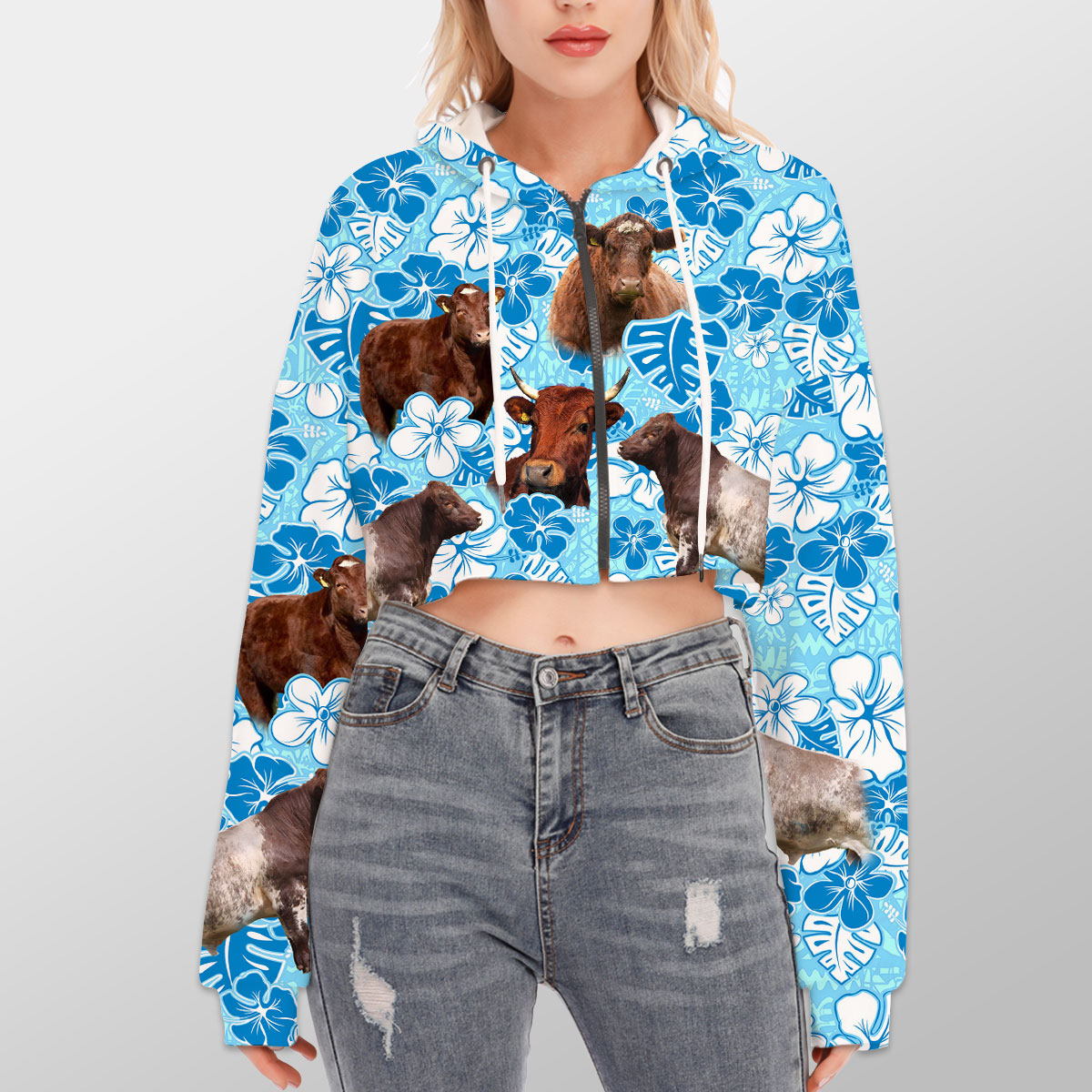 Shorthorn Blue Floral Hoodie With Zipper Closure