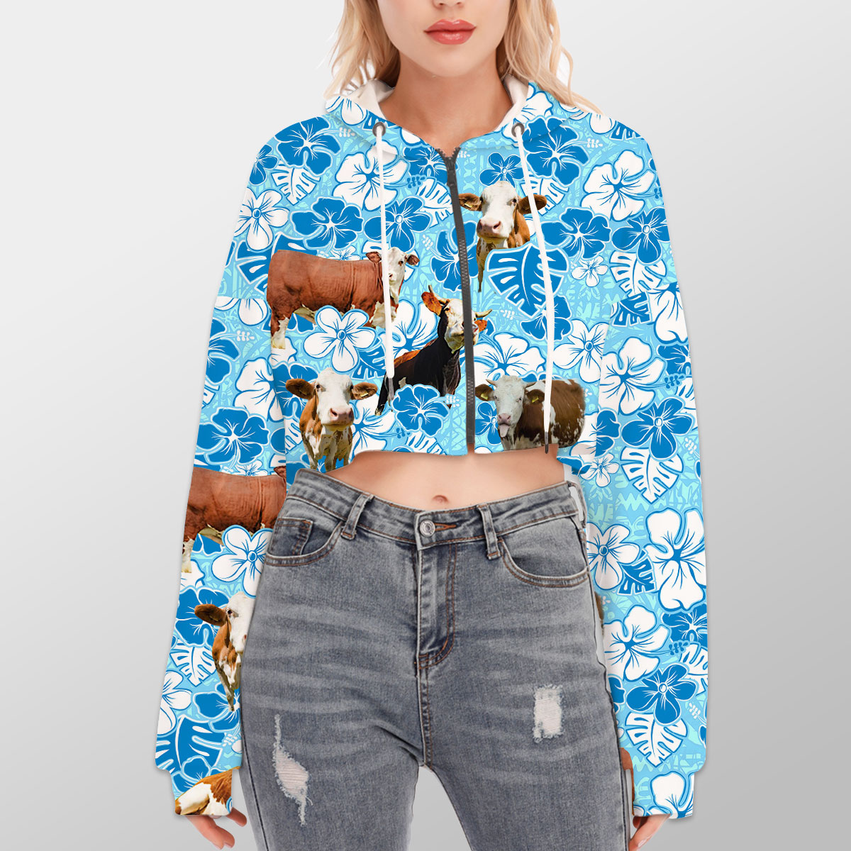 Simmental Blue Floral Hoodie With Zipper Closure