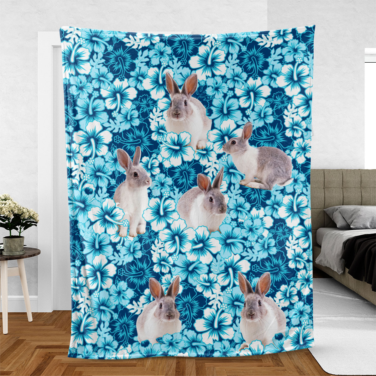 Rabbit Blue Hibiscus Throw Blanket