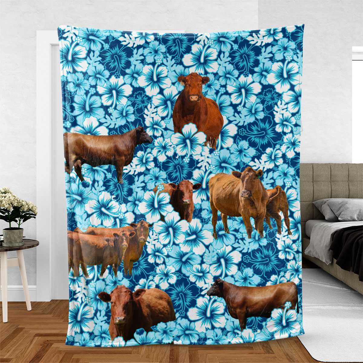 Red Angus Blue Hibiscus Throw Blanket
