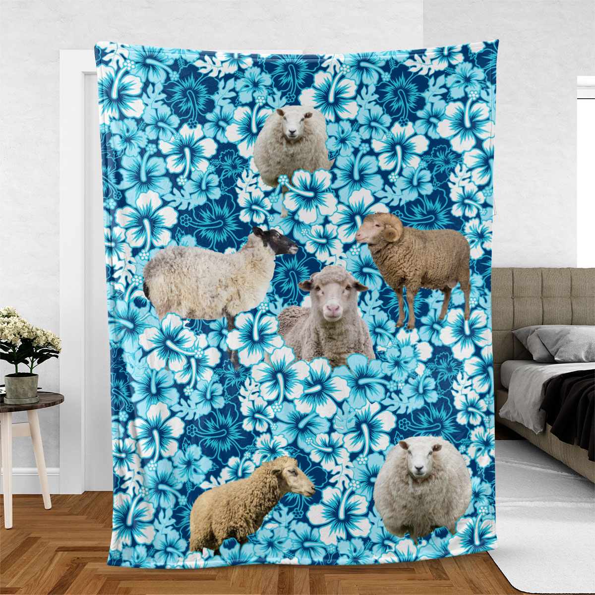 Sheep Blue Hibiscus Throw Blanket