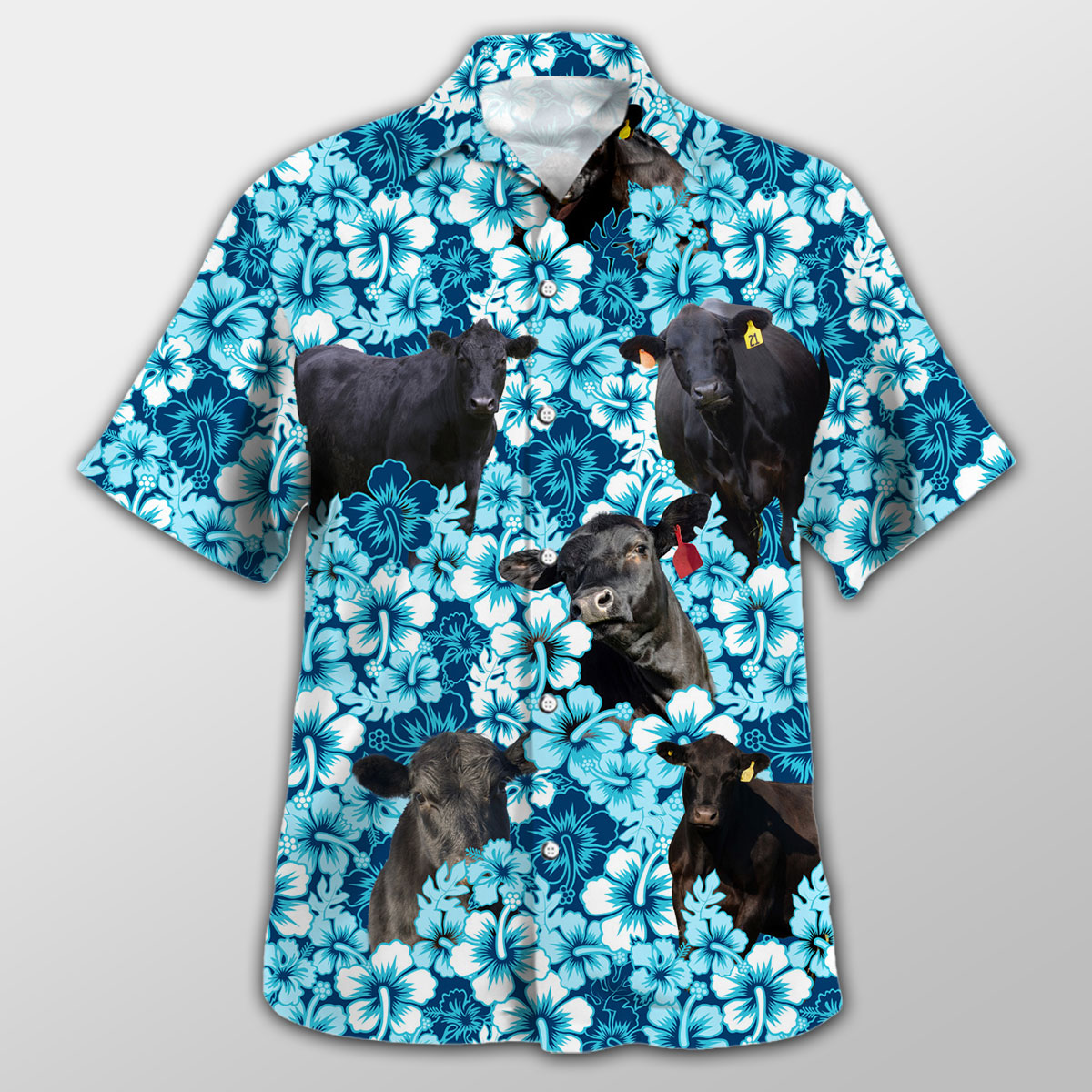 Black Angus Blue Hibiscus Hawaiian Shirt