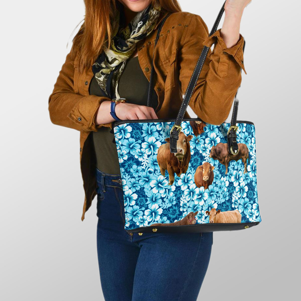 Limousin Blue Hibiscus Leather Tote Bag