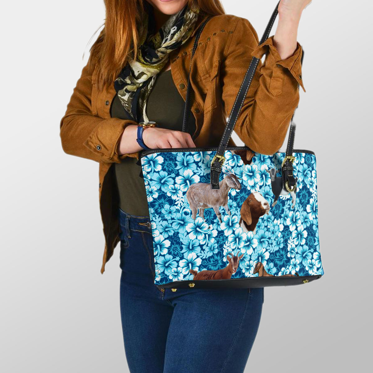 Nubian Goat Blue Hibiscus Leather Tote Bag