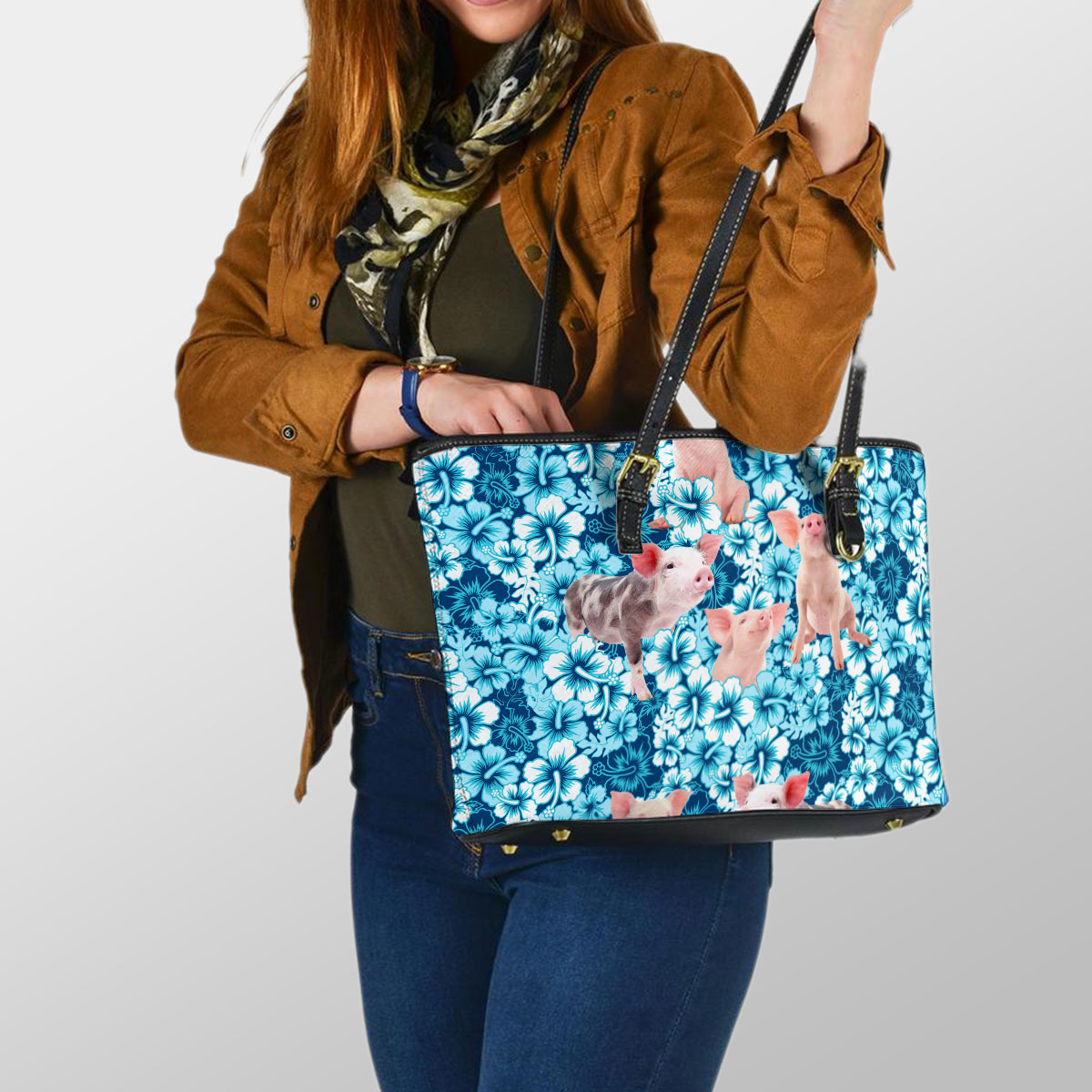 Pig Blue Hibiscus Leather Tote Bag