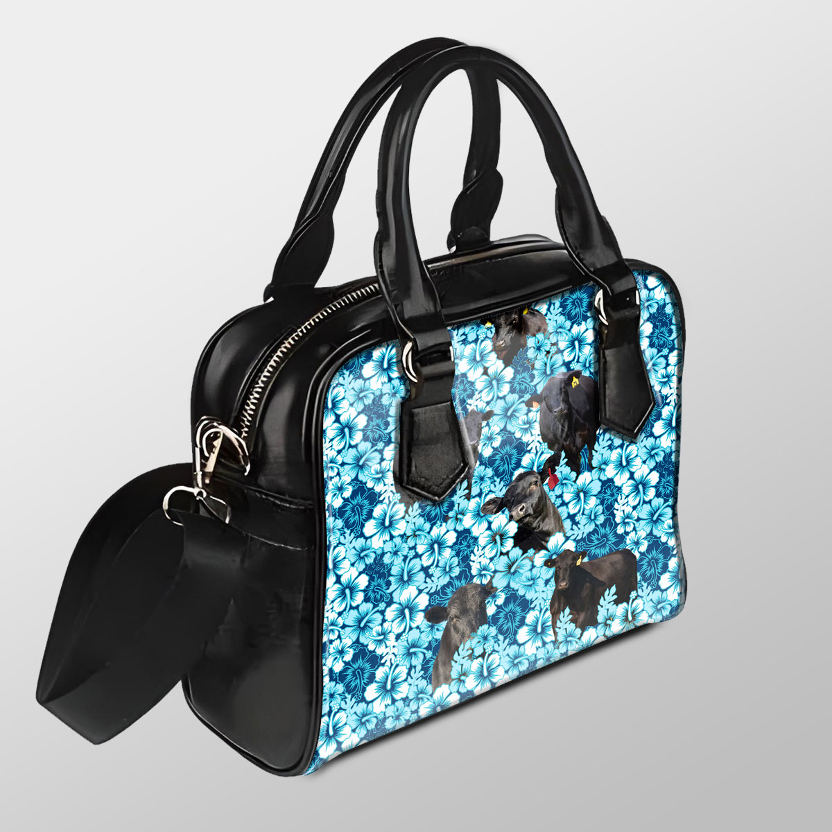 Black Angus Blue Hibiscus Pu Shoulder Handbag