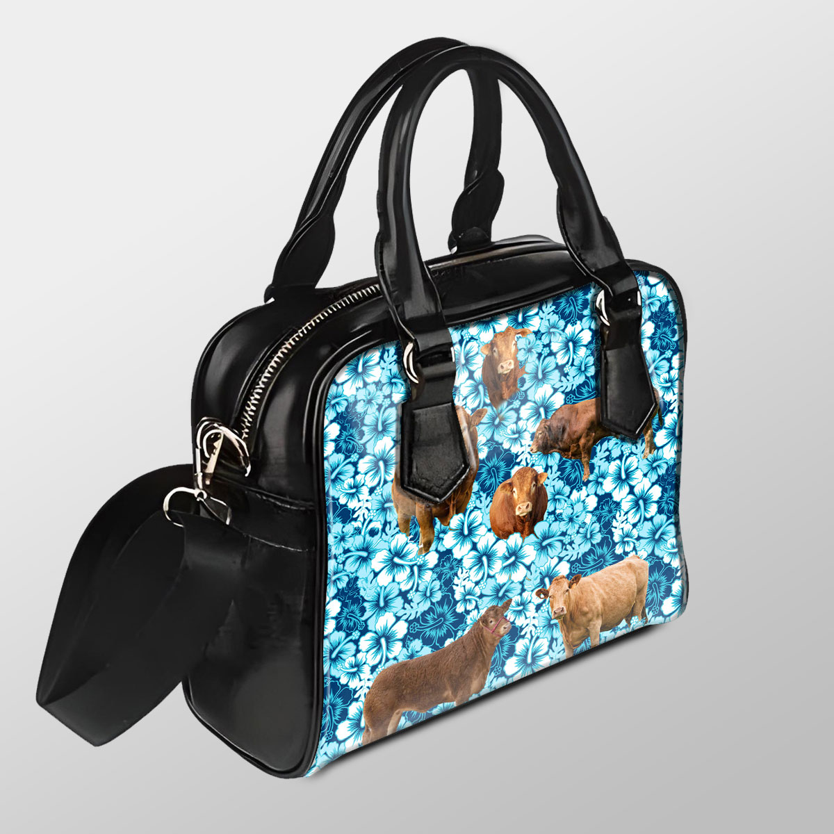 Limousin Blue Hibiscus Pu Shoulder Handbag