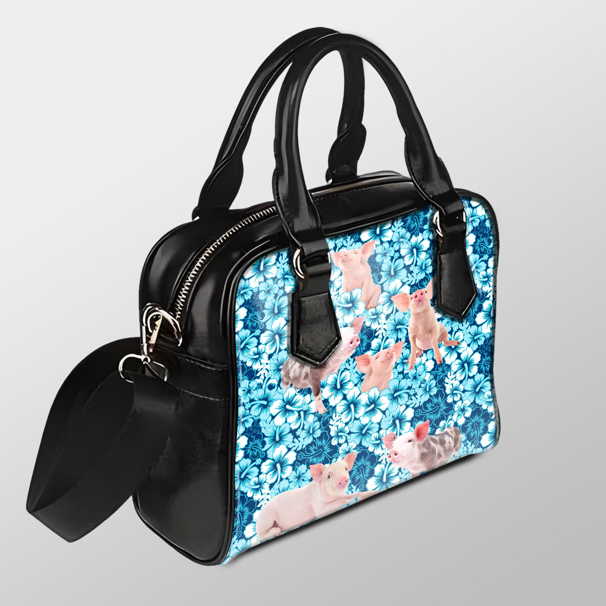 Pig Blue Hibiscus Pu Shoulder Handbag
