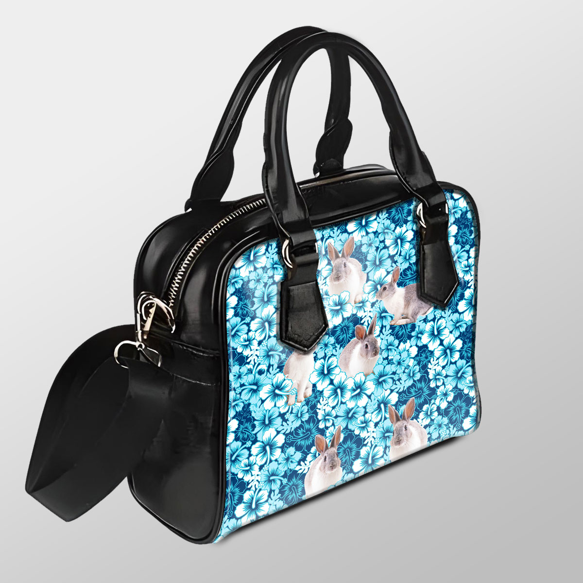 Rabbit Blue Hibiscus Pu Shoulder Handbag