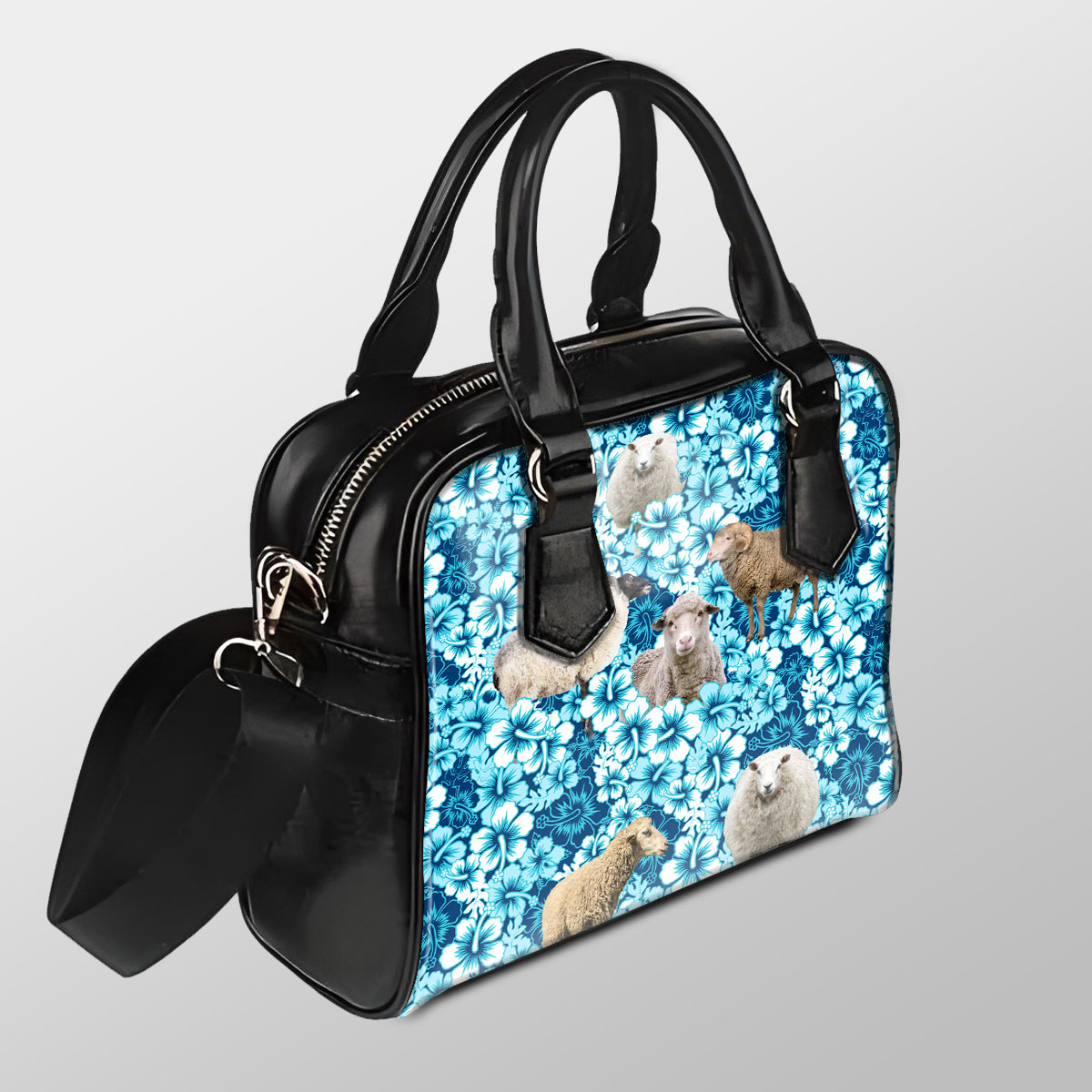 Sheep Blue Hibiscus Pu Shoulder Handbag