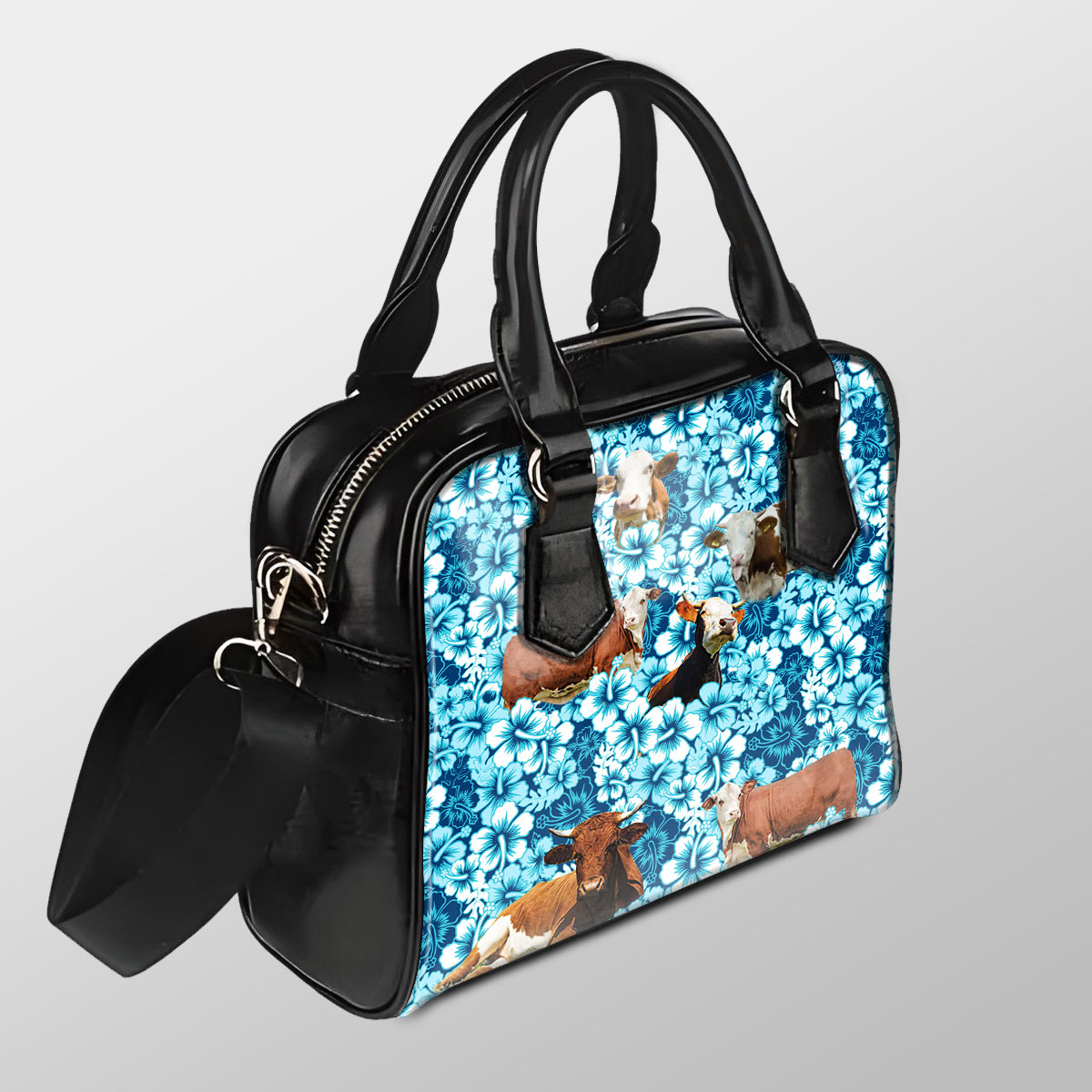 Simmental Blue Hibiscus Pu Shoulder Handbag
