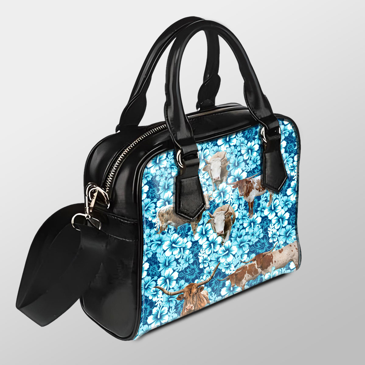 Texas Longhorn Blue Hibiscus Pu Shoulder Handbag