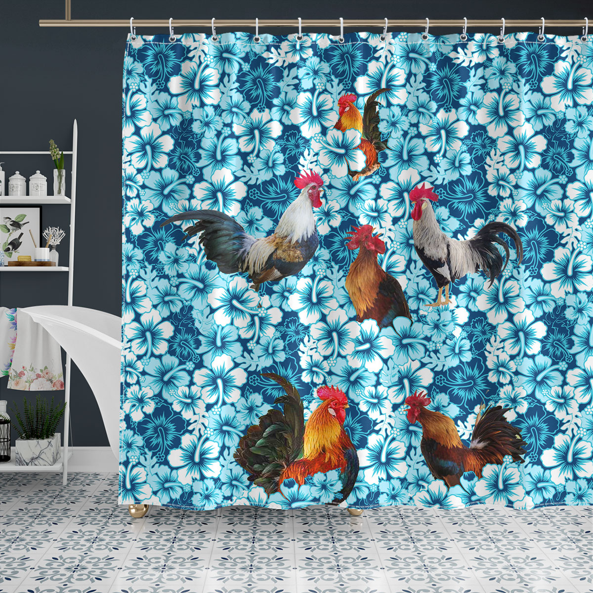 Chicken Blue Hibiscus Shower Curtain