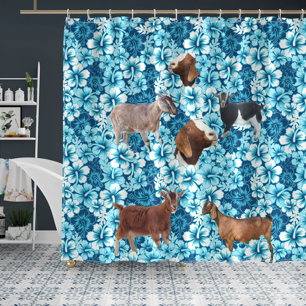 Nubian Goat Blue Hibiscus Shower Curtain