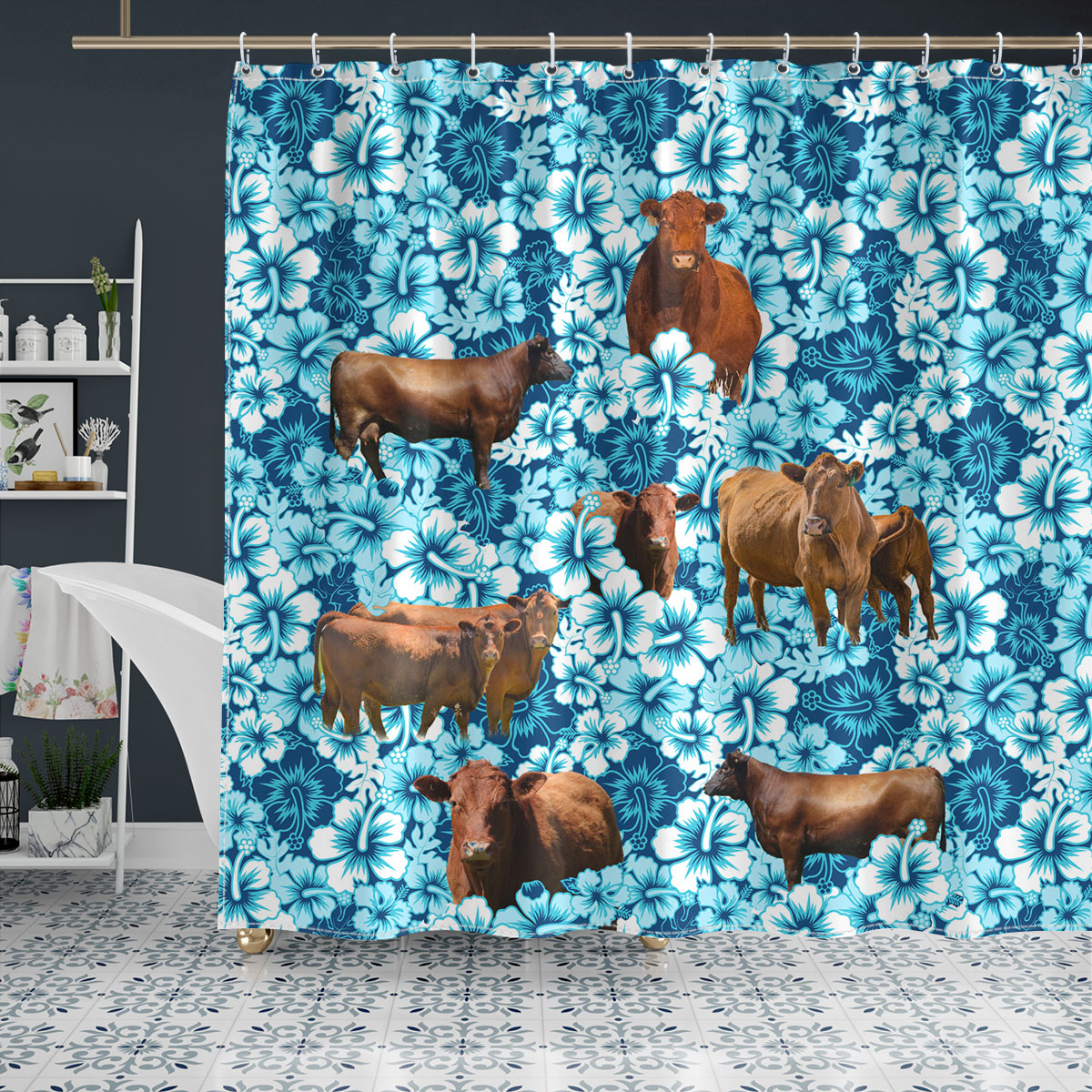 Red Angus Blue Hibiscus Shower Curtain