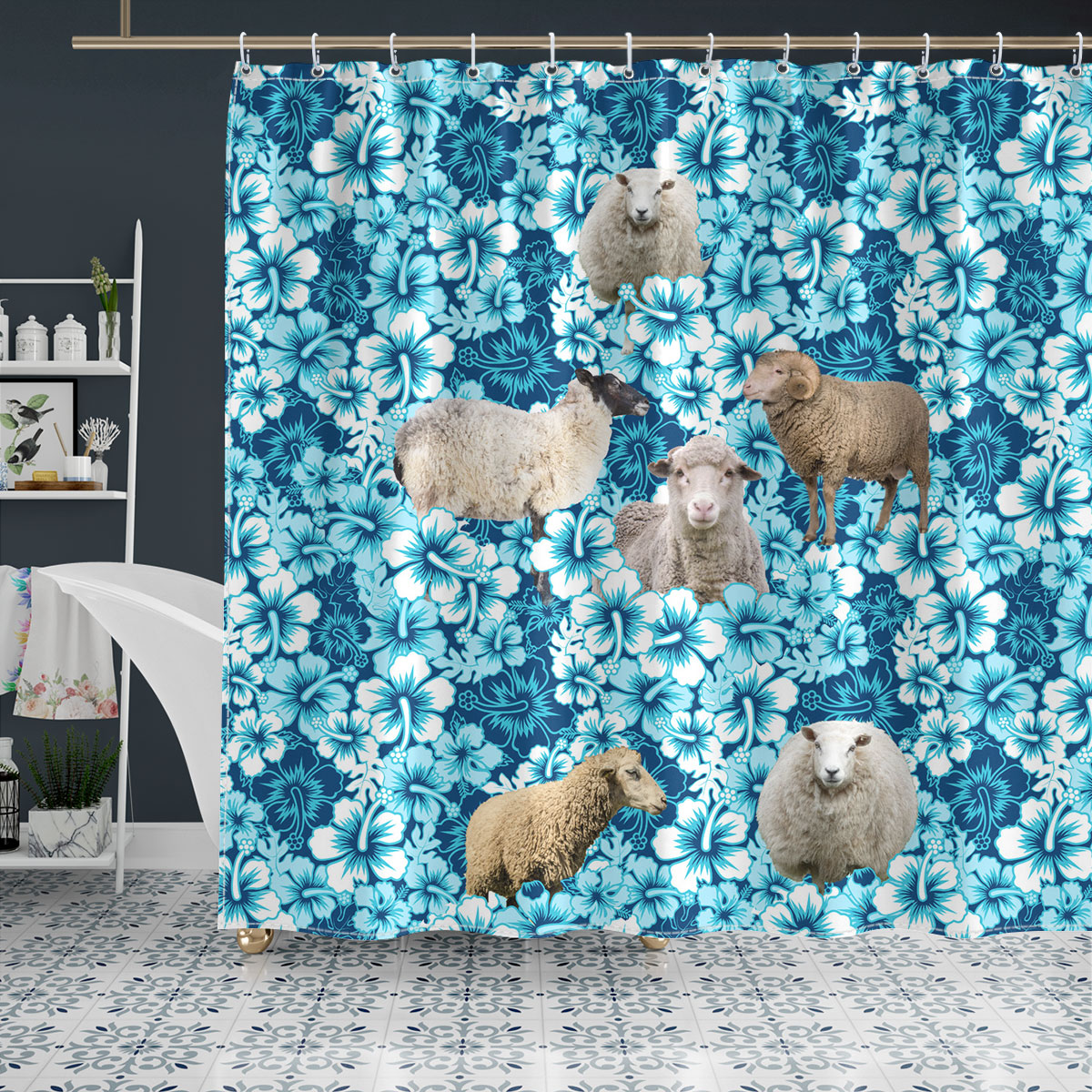 Sheep Blue Hibiscus Shower Curtain