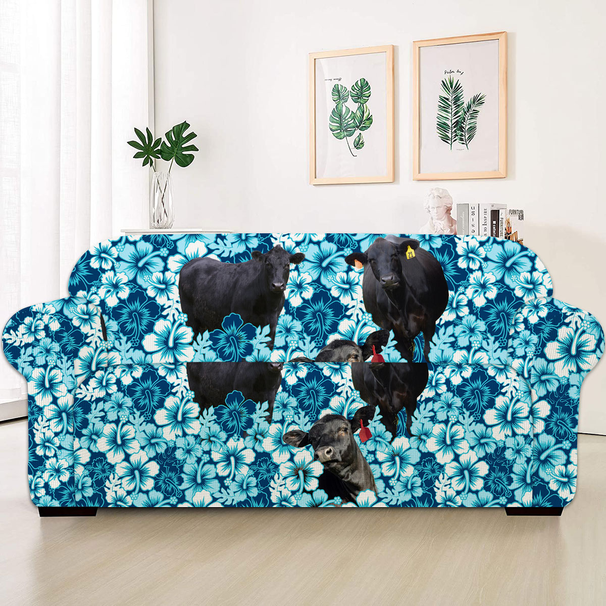 Black Angus Blue Hibiscus Sofa Cover