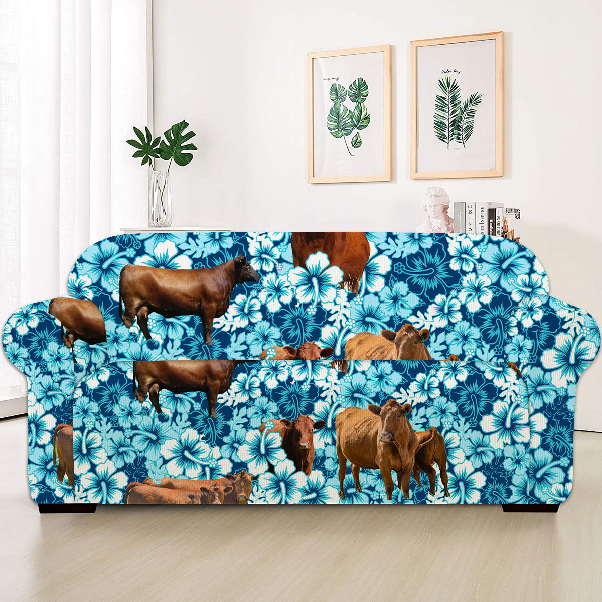 Red Angus Blue Hibiscus Sofa Cover