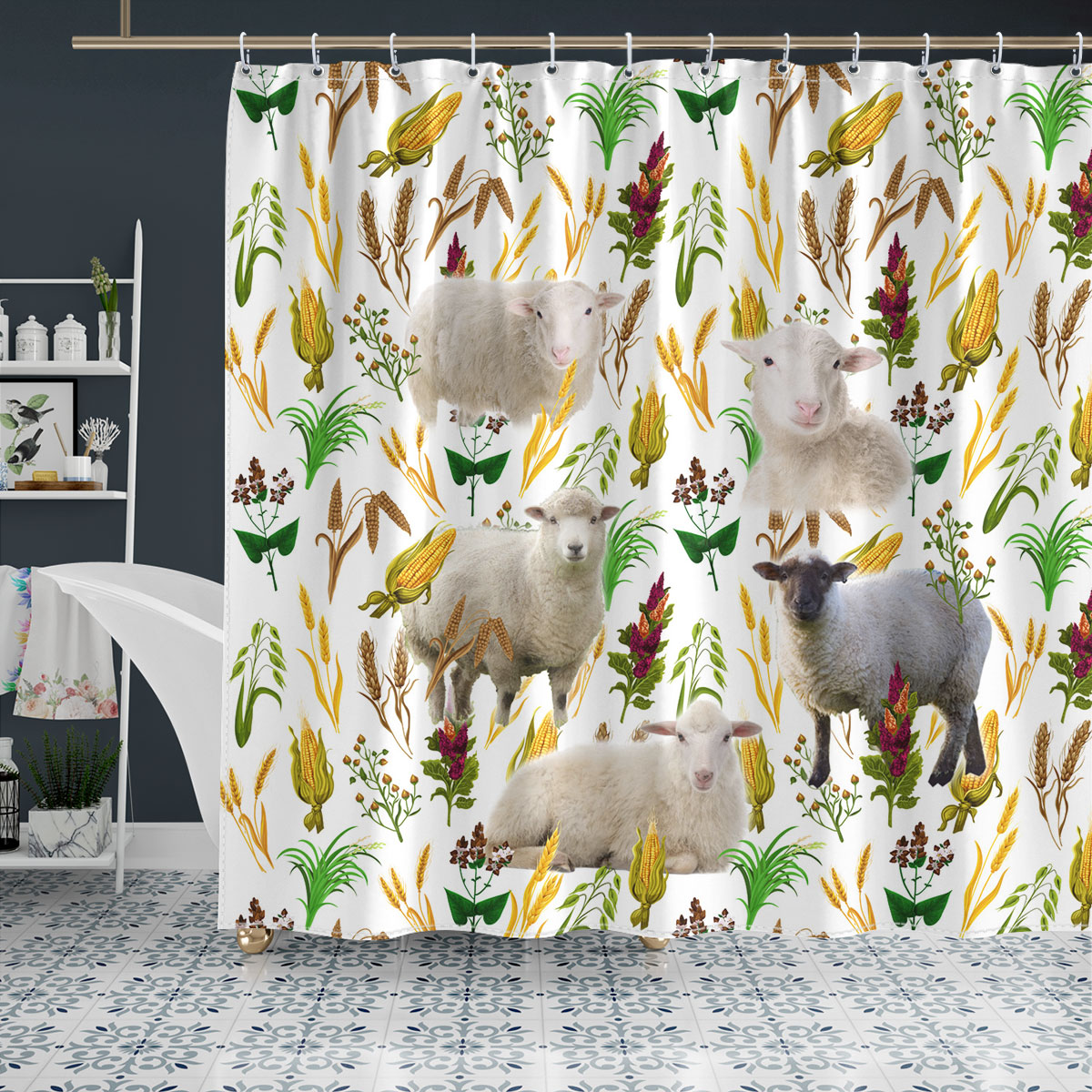 Sheep Farm Wheat Pattern Shower Curtain