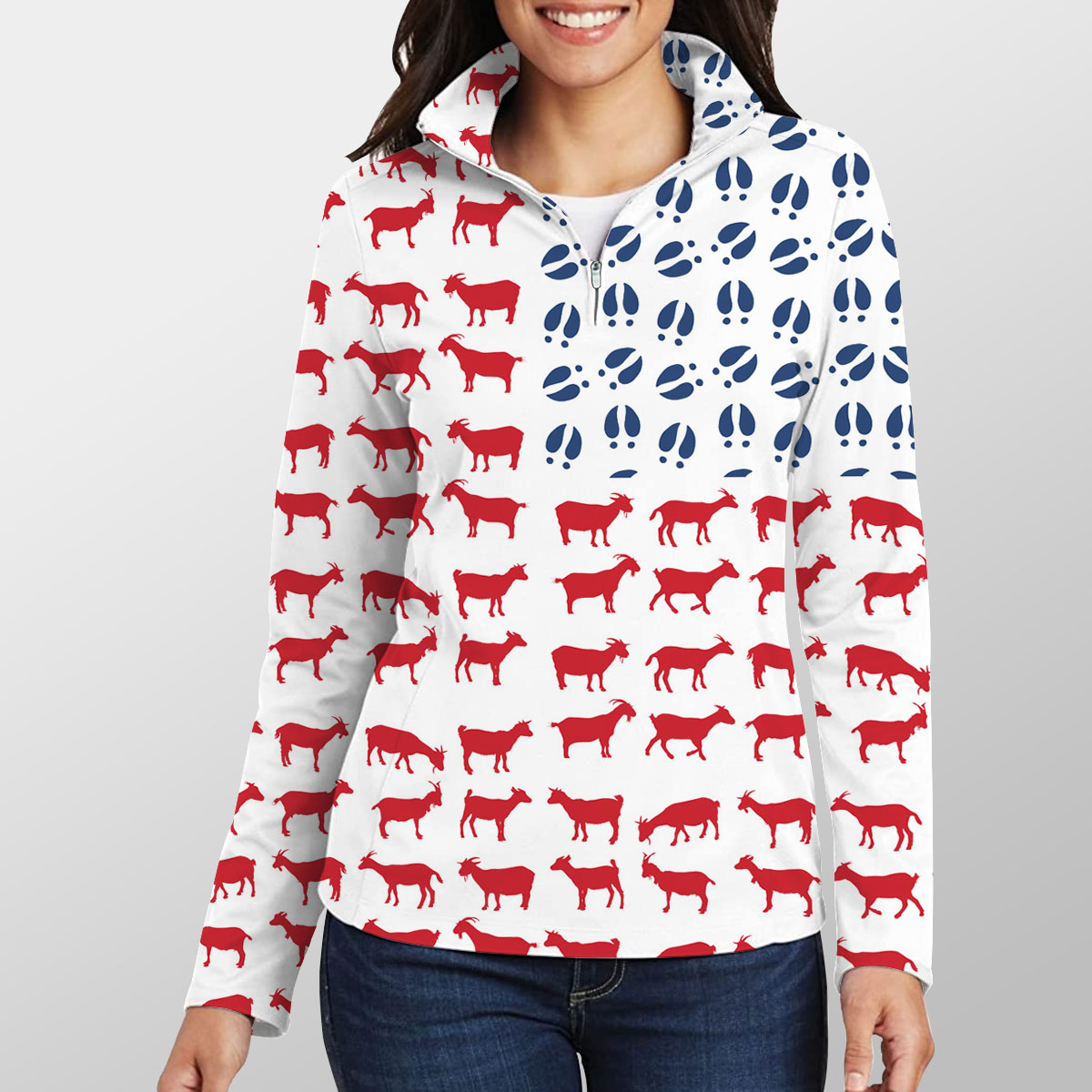 Goat Flag Pattern Quarter Zip Pullover