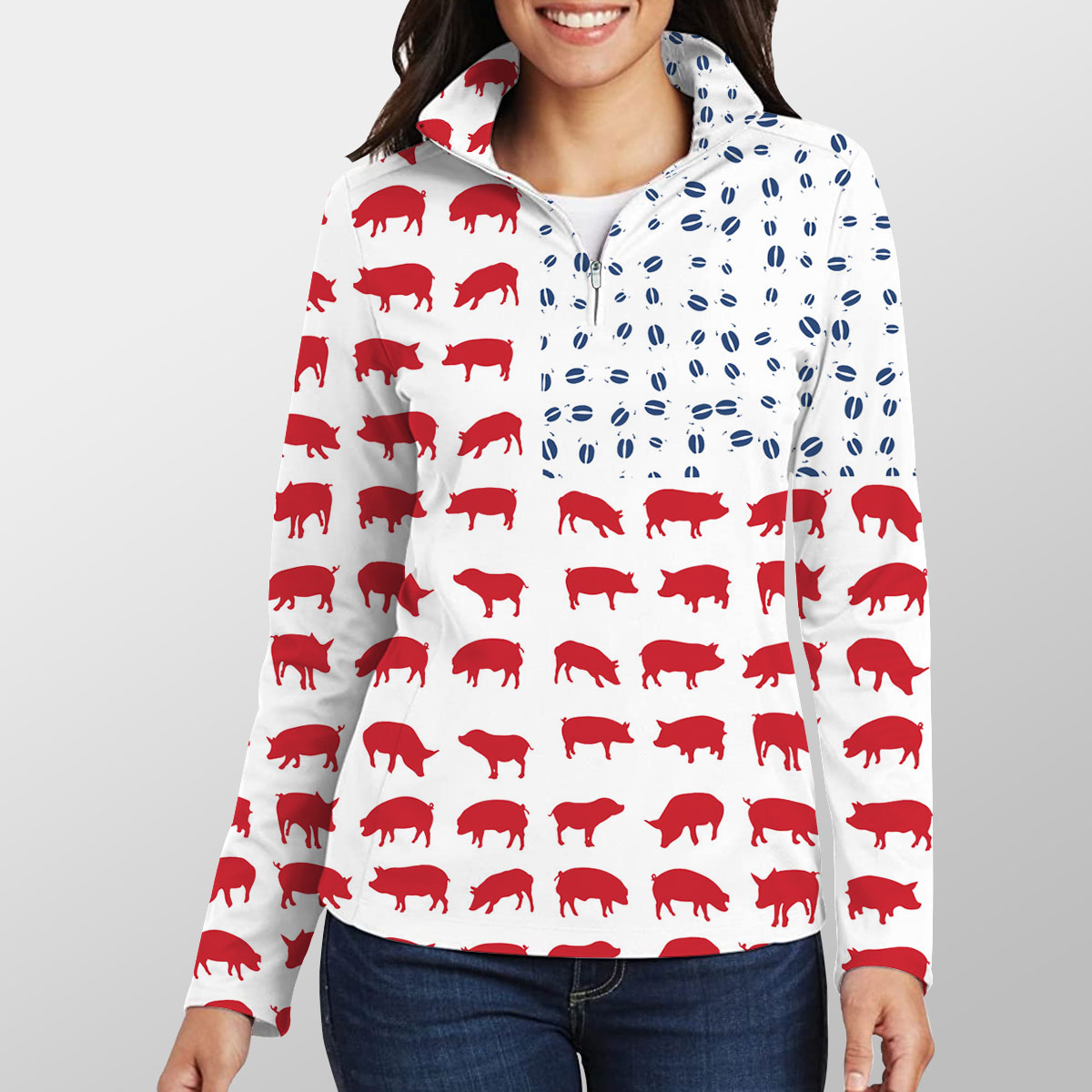 Pig Flag Pattern Quarter Zip Pullover