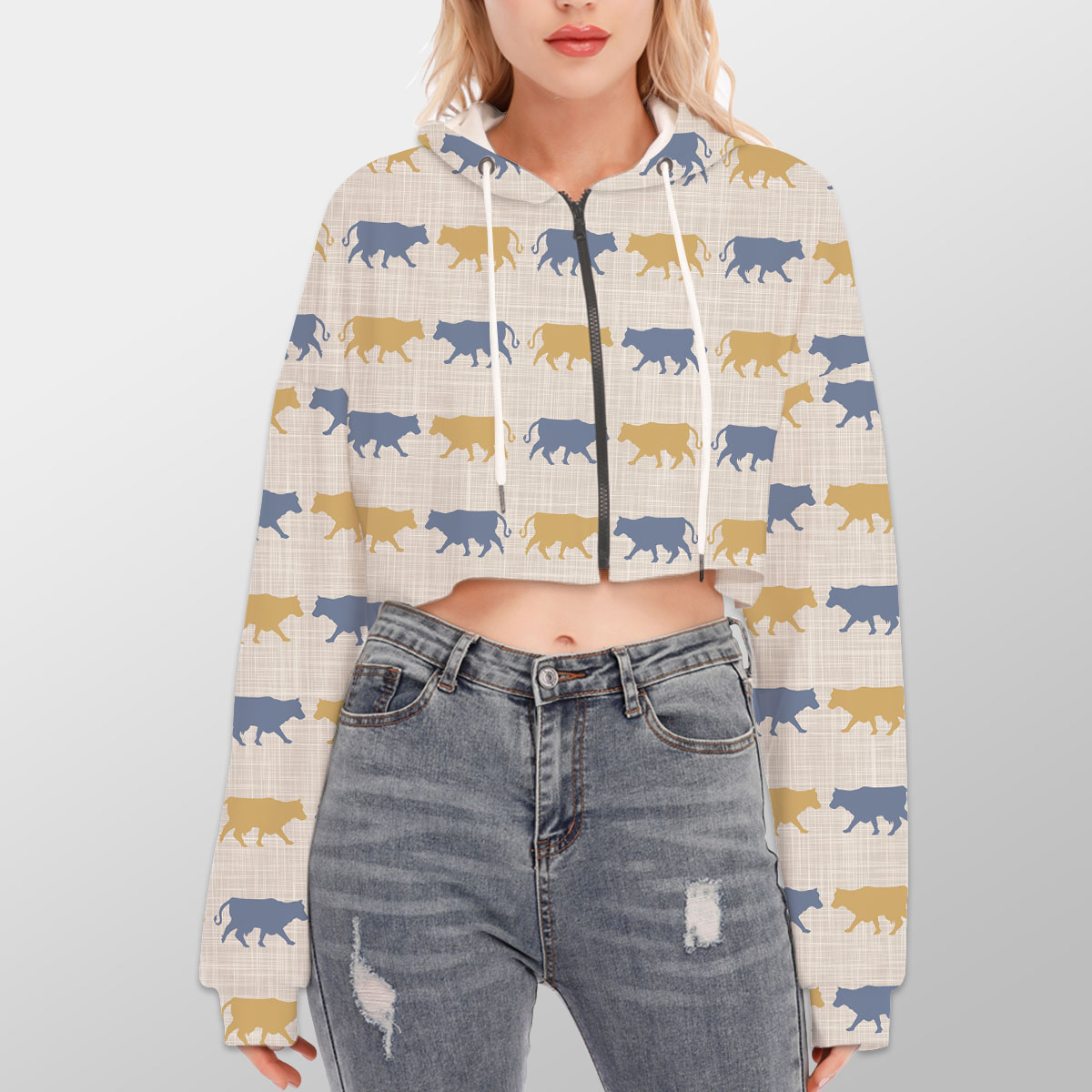 Cow Silhouette Pattern Hoodie With Zipper Closure