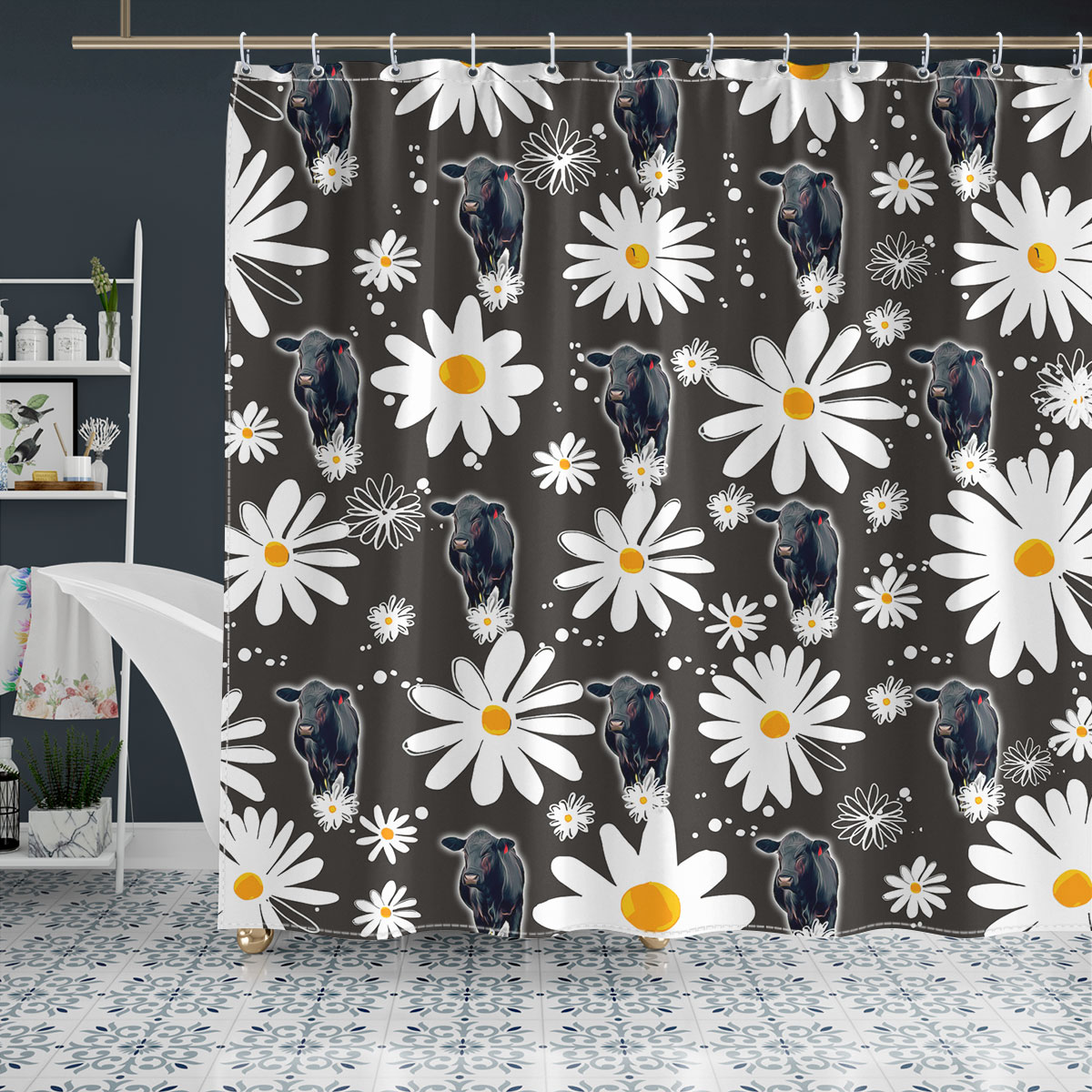 Black Angus Daisy Flower Pattern Shower Curtain