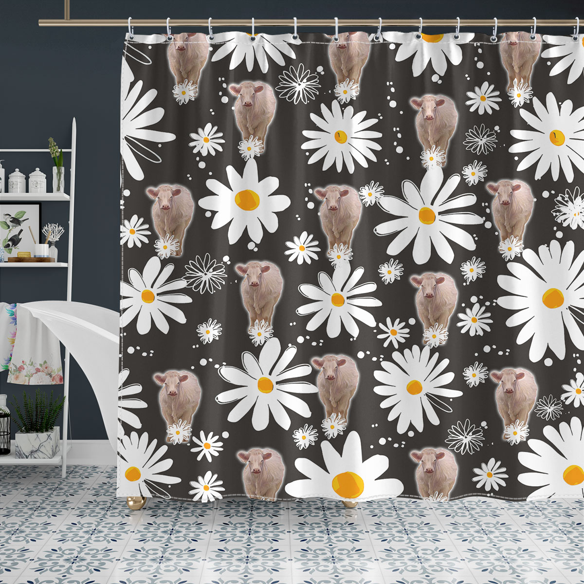Charolais Daisy Flower Pattern Shower Curtain