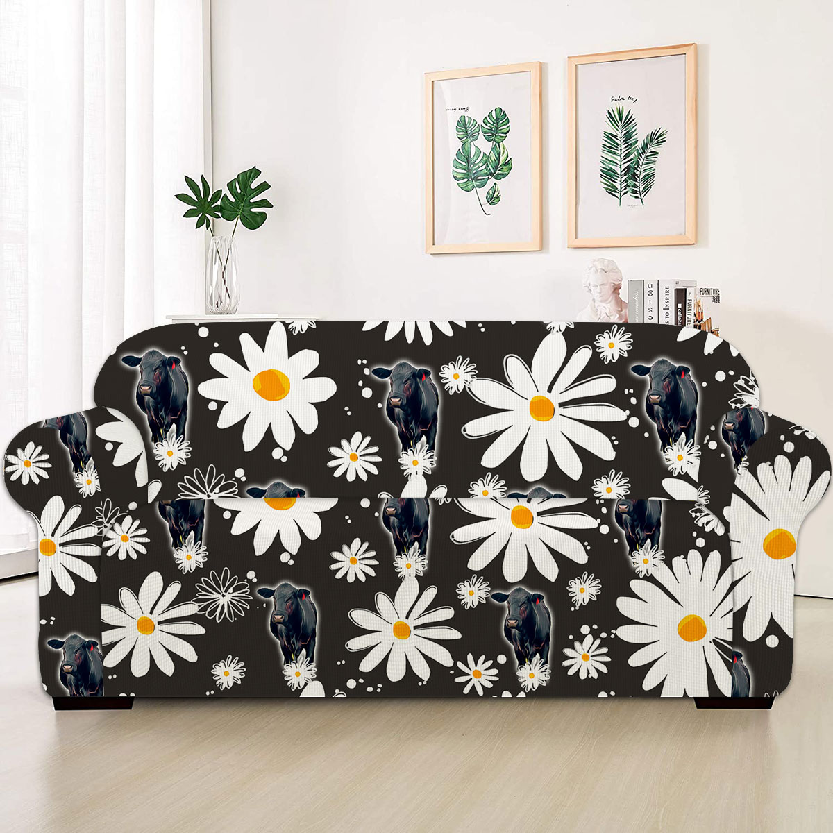 Black Angus Daisy Flower Pattern Sofa Cover