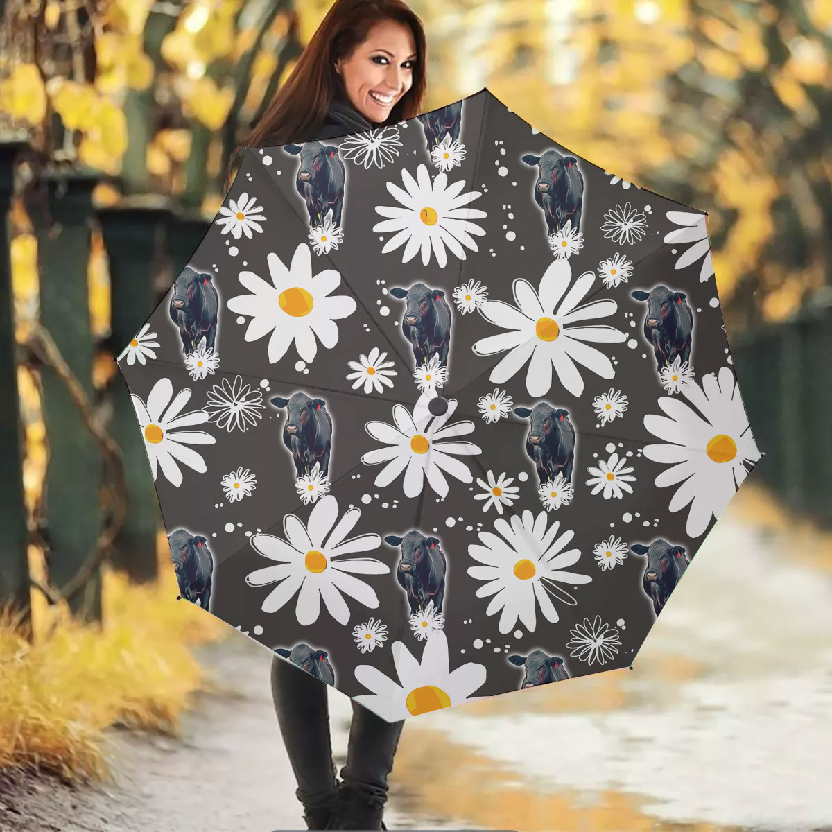Black Angus Daisy Flower Pattern Umbrella