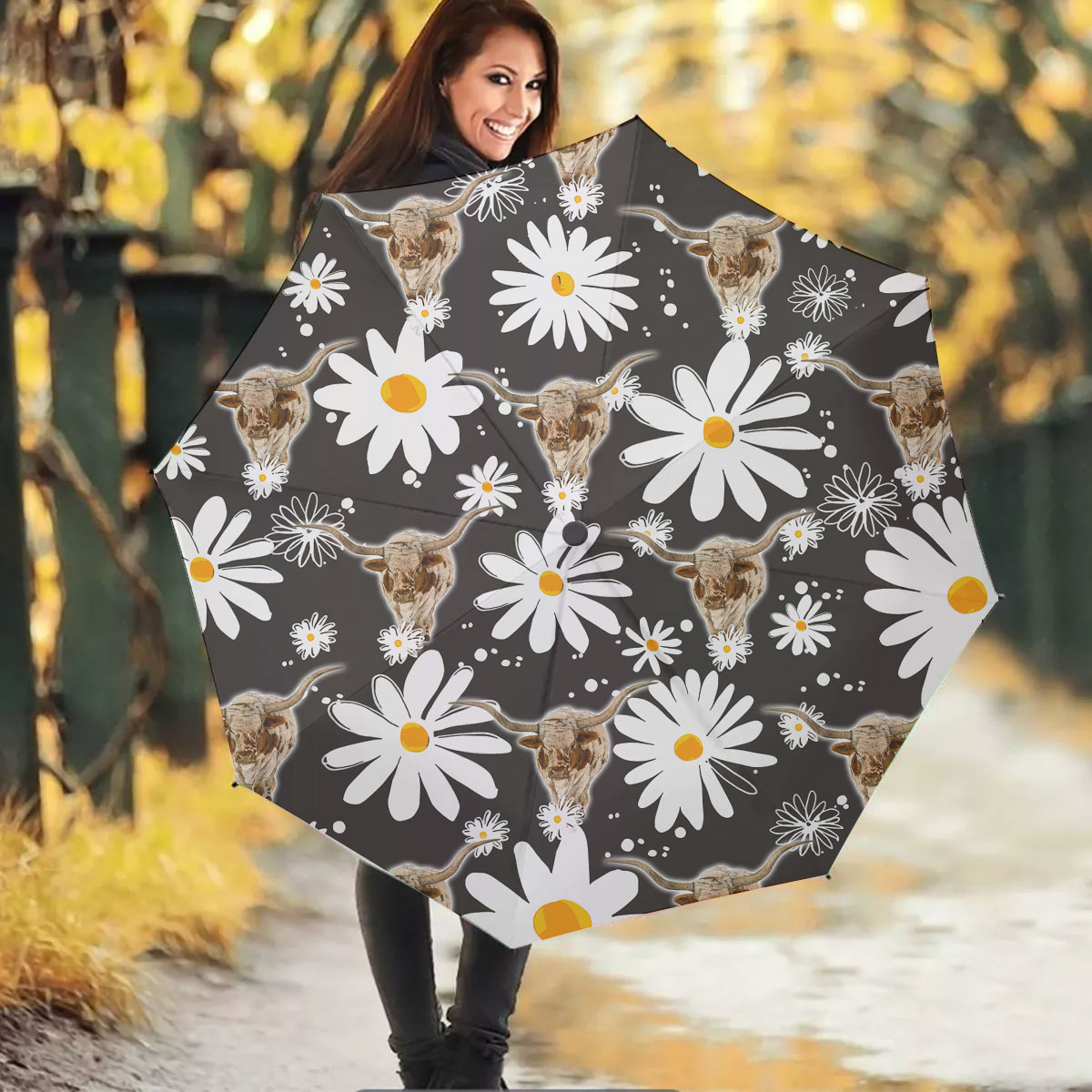Texas Longhorn Daisy Flower Pattern Umbrella