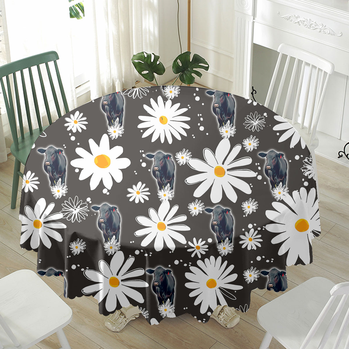 Black Angus Daisy Flower Pattern Waterproof Tablecloth