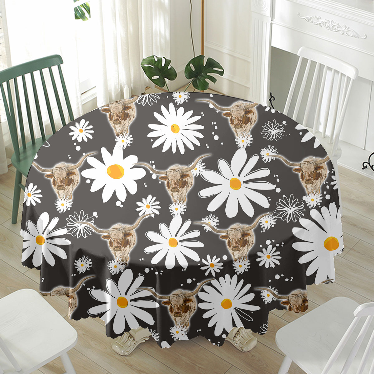 Texas Longhorn Daisy Flower Pattern Waterproof Tablecloth