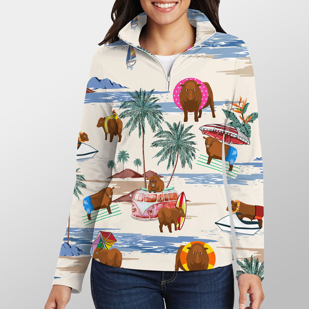Gelbvieh Summer Beach Pattern Quarter Zip Pullover
