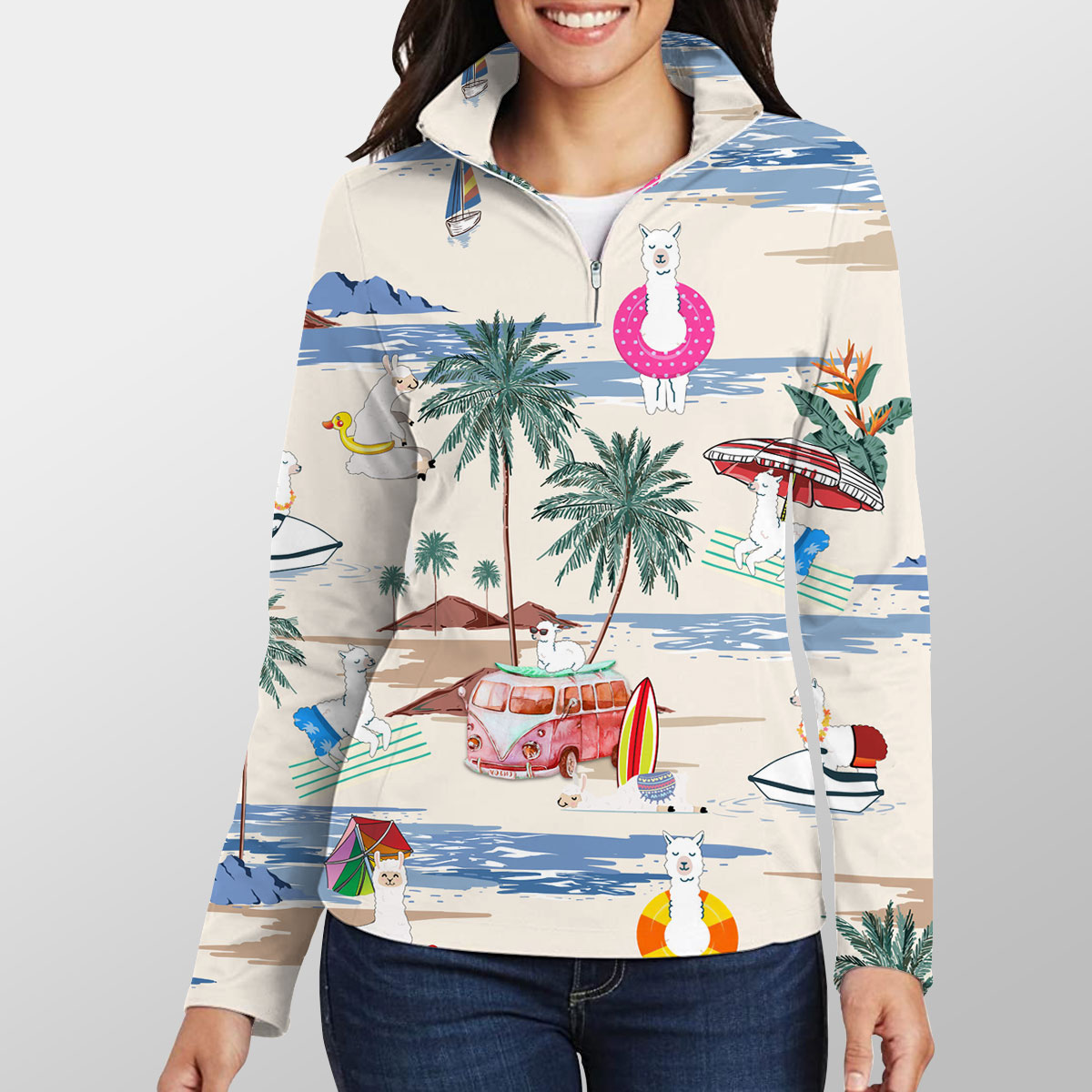 Llama Summer Beach Pattern Quarter Zip Pullover
