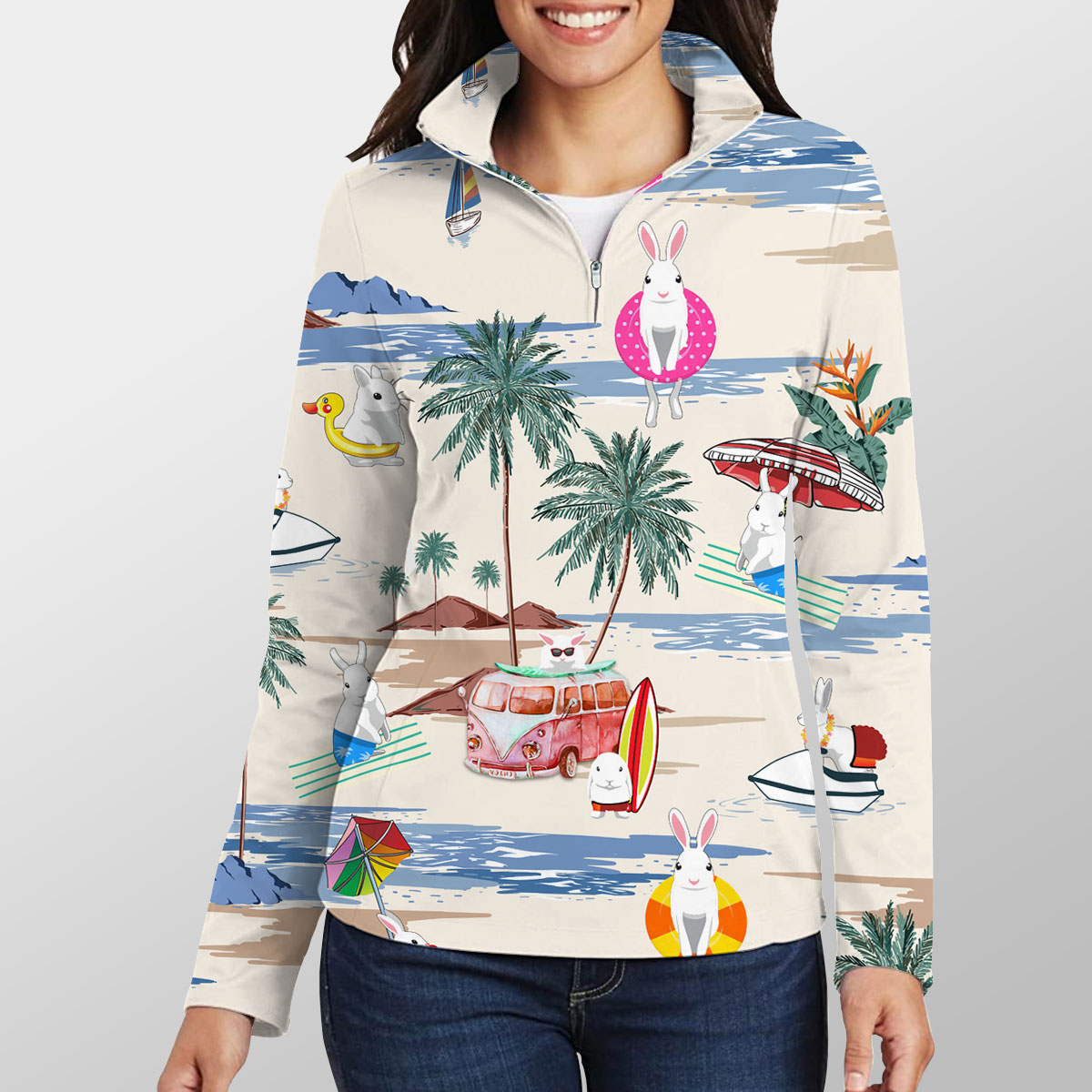 Rabbit Summer Beach Pattern Quarter Zip Pullover