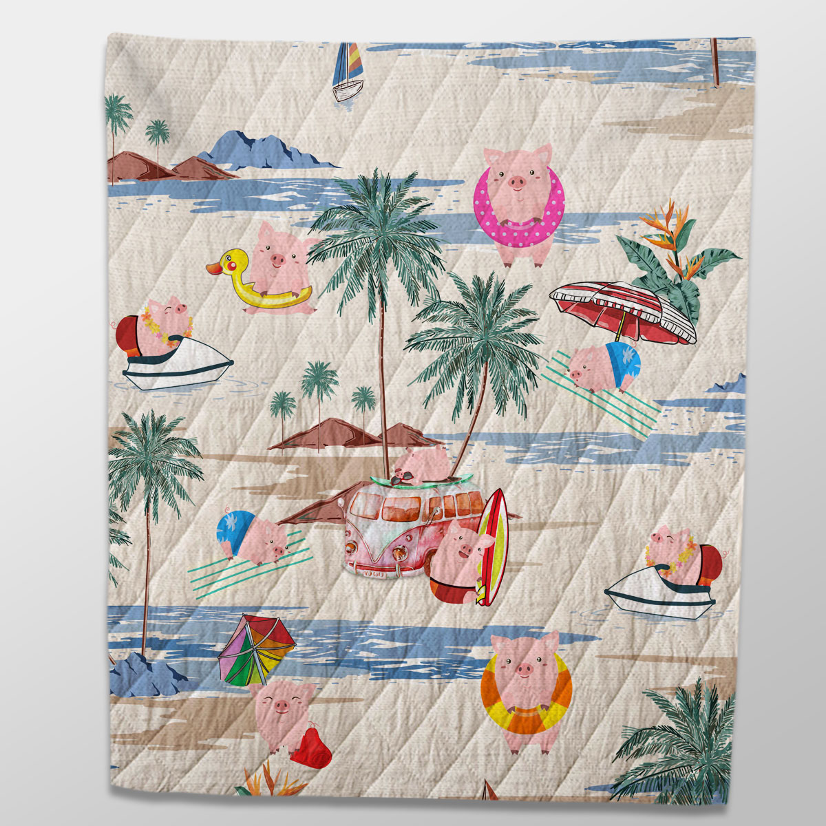 Pig Summer Beach Pattern Quilt