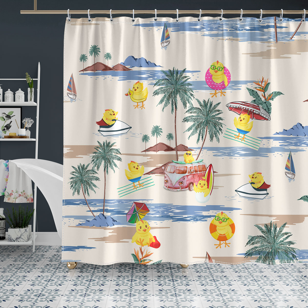 Chicken Summer Beach Pattern Shower Curtain