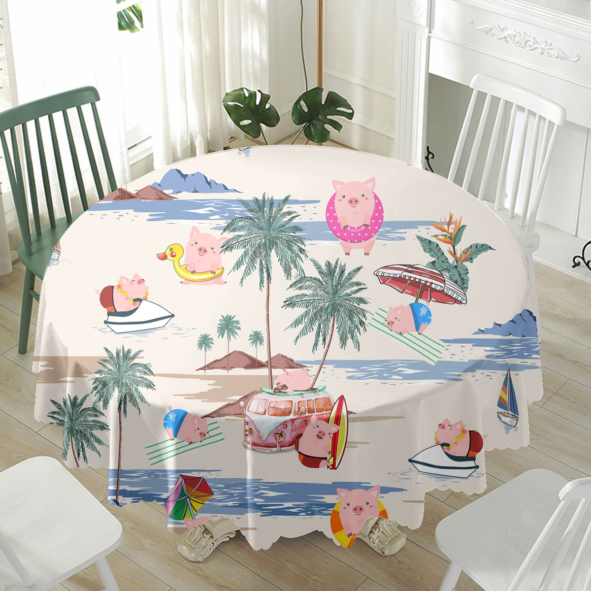 Pig Summer Beach Pattern Waterproof Tablecloth