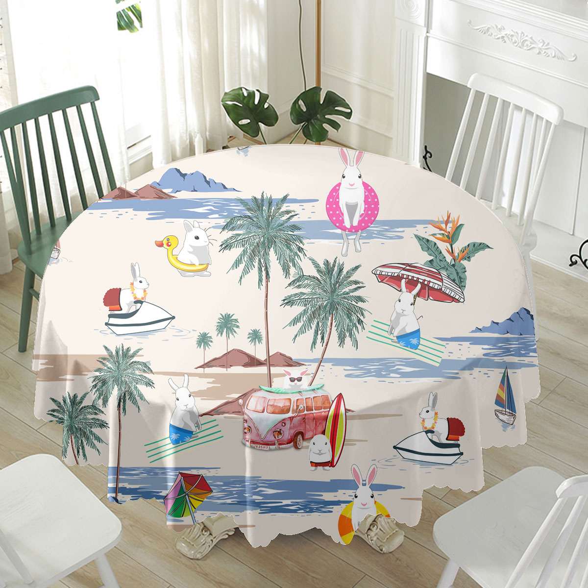 Rabbit Summer Beach Pattern Waterproof Tablecloth