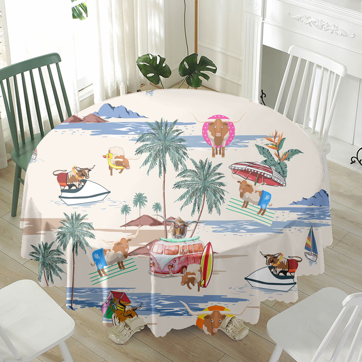 Texas Longhorn Summer Beach Pattern Waterproof Tablecloth