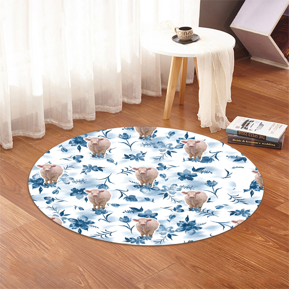 Charolais Watercolor Flowers and Leaves Tie Dye Pattern Round Rug