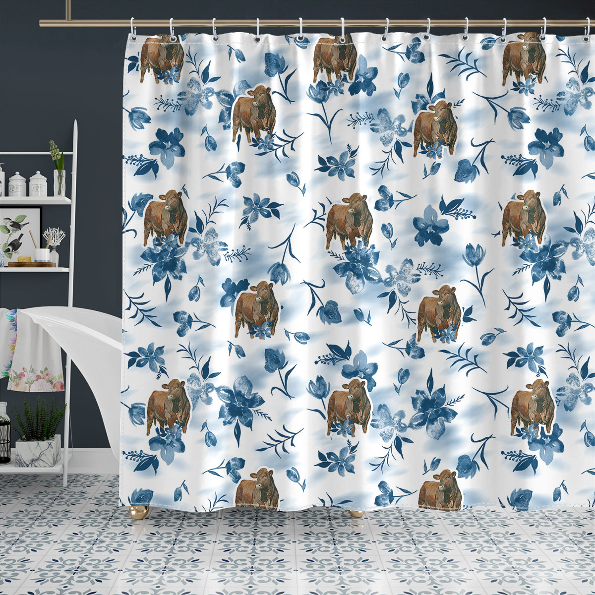 Beefmaster Watercolor Flowers and Leaves Tie Dye Pattern Shower Curtain