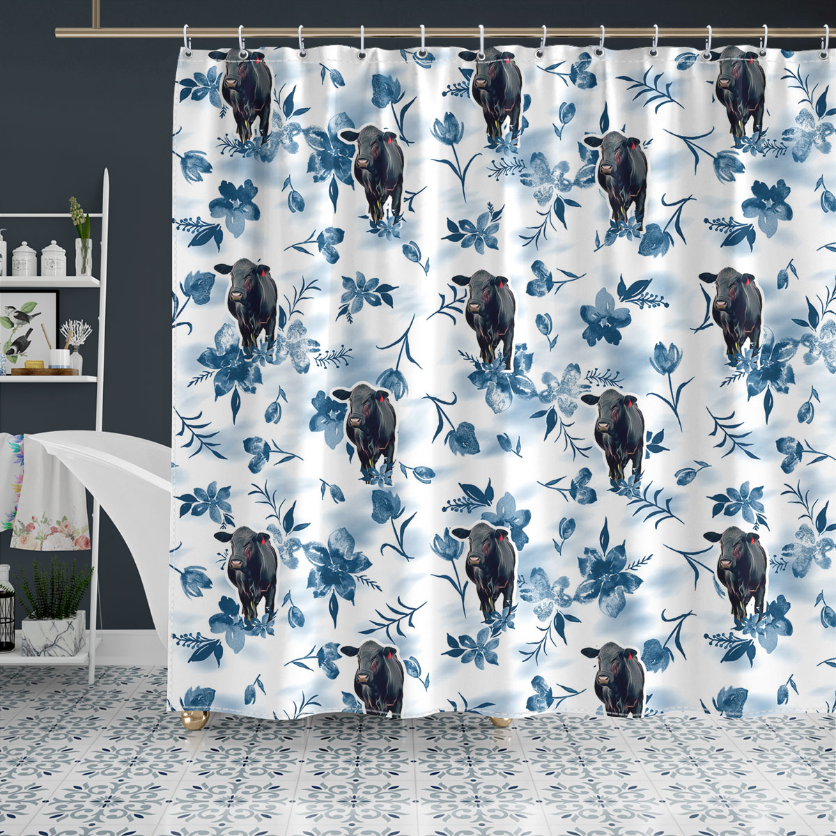 Black Angus Watercolor Flowers and Leaves Tie Dye Pattern Shower Curtain