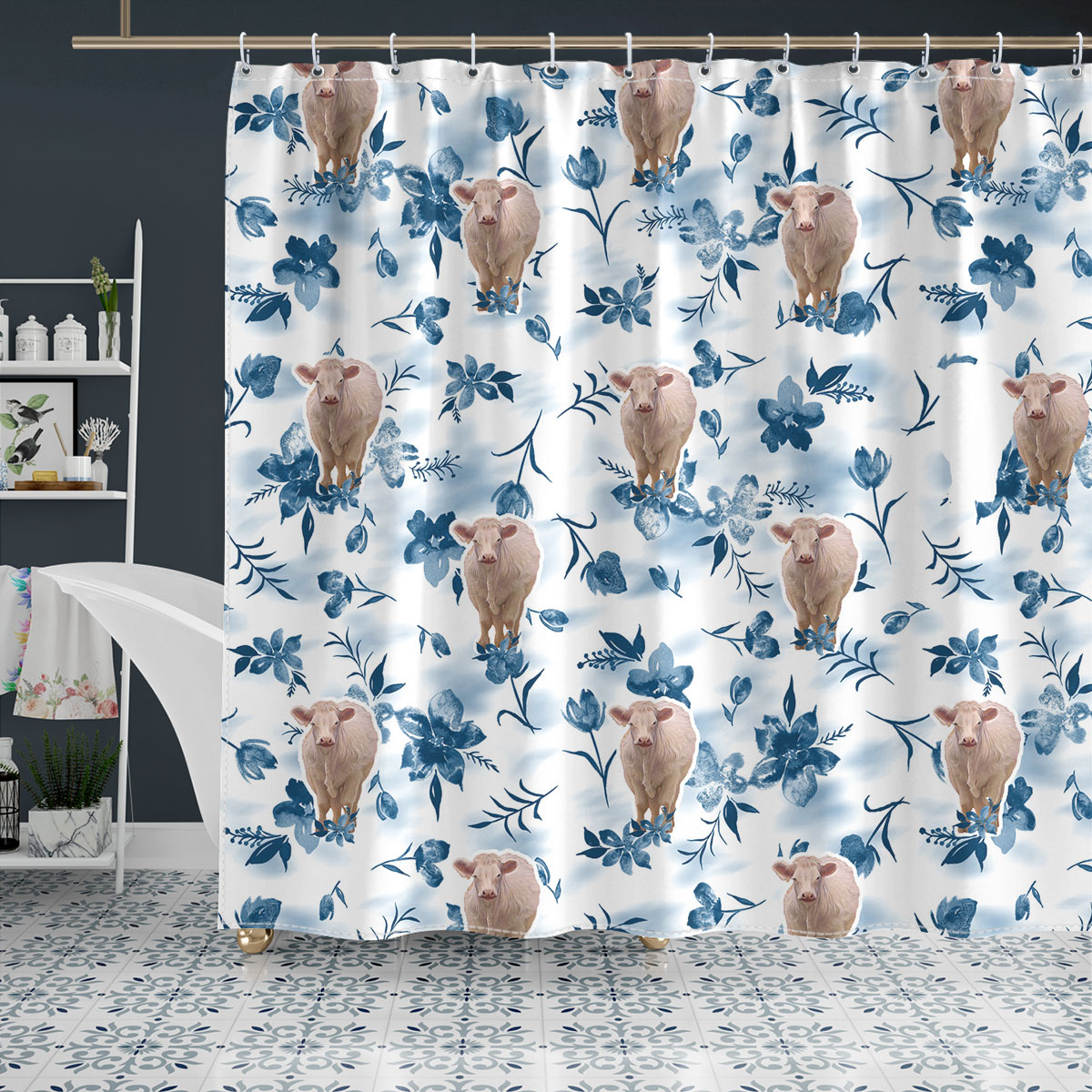 Charolais Watercolor Flowers and Leaves Tie Dye Pattern Shower Curtain