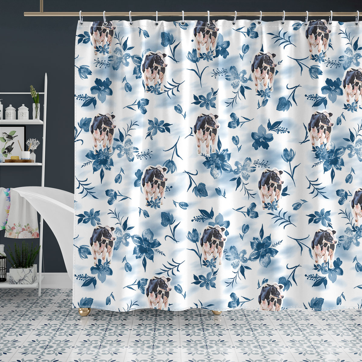 Holstein Watercolor Flowers and Leaves Tie Dye Pattern Shower Curtain