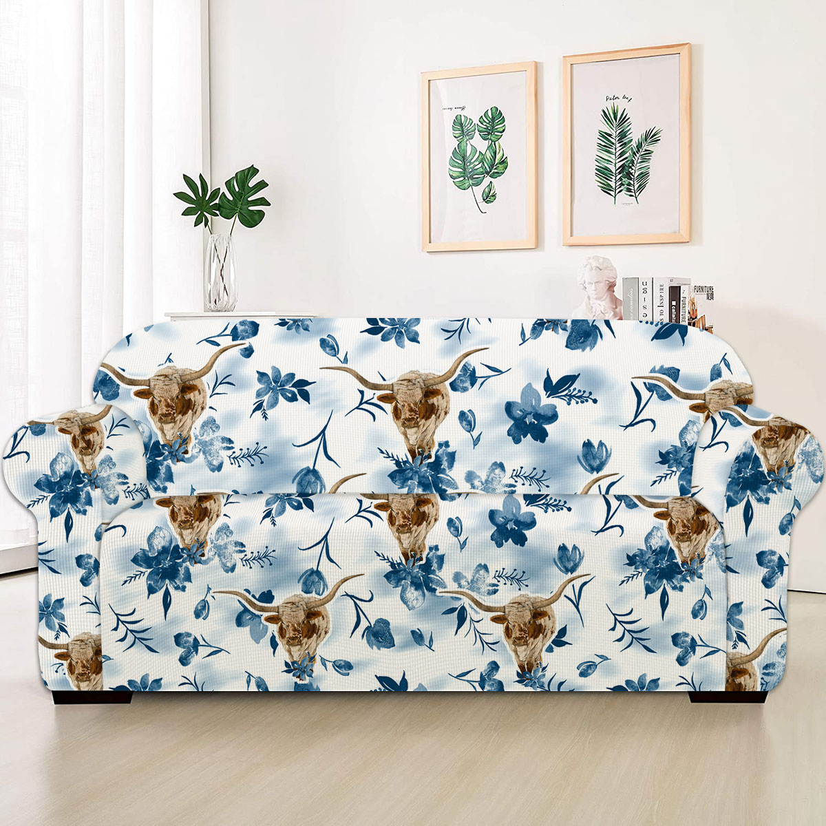 Texas Longhorn Watercolor Flowers and Leaves Tie Dye Pattern Sofa Cover